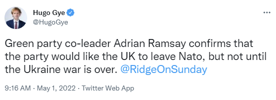 Tweet about Green Party wanting UK to leave NATO
