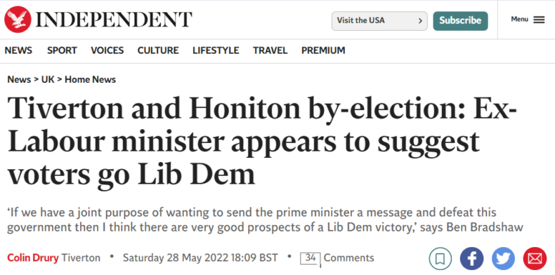 Tiverton and Honiton by-election - Ex-Labour minister appears to suggest voters go Lib Dem