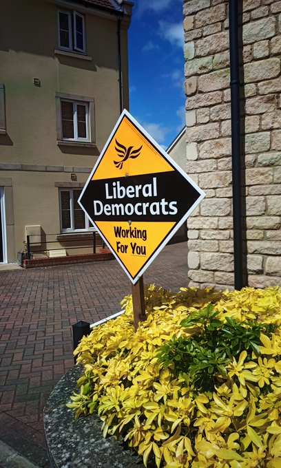 Lib Dem garden poster outside a house in Frome