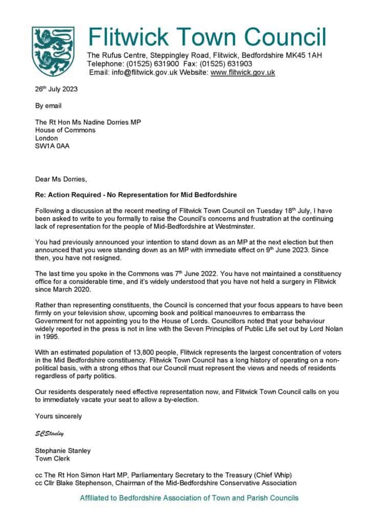 Letter from Flitwick Town Council to Nadine Dorries