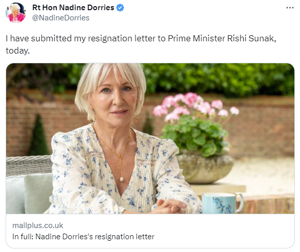 Nadine Dorries tweets saying she is resigning - again