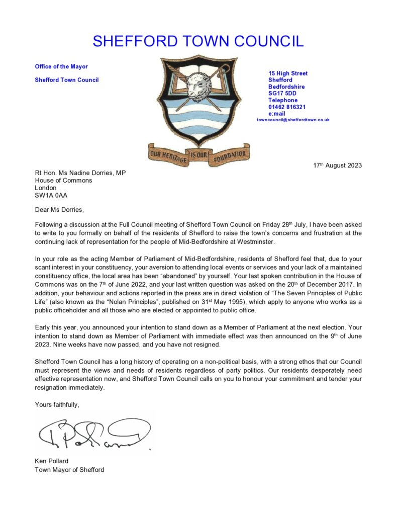 Shefford Town Council letter to Nadine Dorries