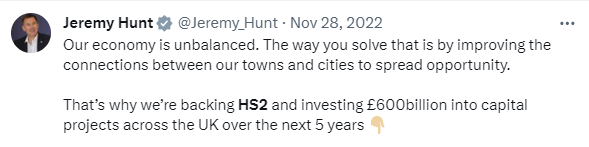 Jeremy Hunt tweet praising HS2
