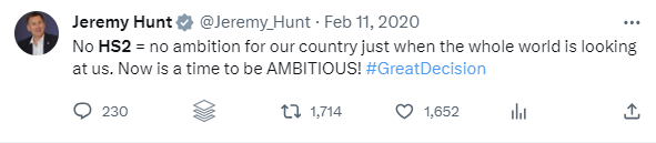 Jeremy Hunt tweet praising HS2