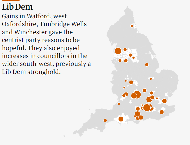 Lib Dem gains in 2024 local elections mapped by The Guardian